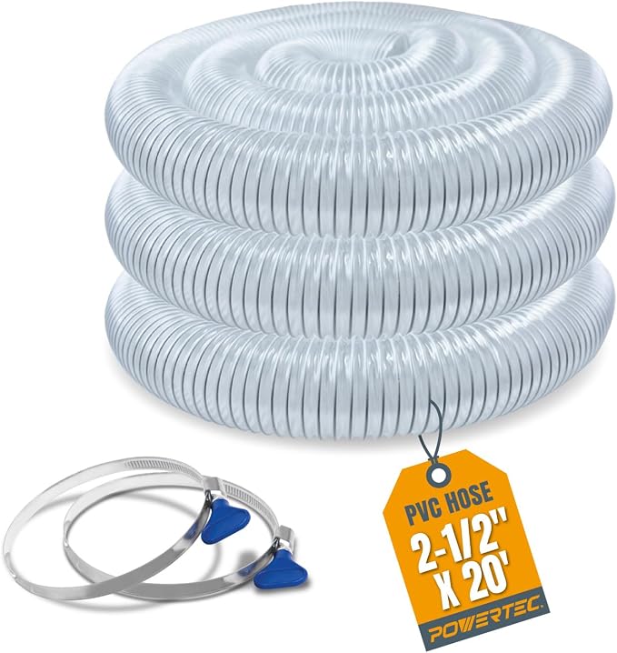 POWERTEC 2-1/2" x 20' PVC Dust Collection Hose with 2pcs Stainless Steel Key Hose Clamps for Table Saw, Band Saw, Router Table, Belt Sander, Woodworking and Wood Shop Dust Collection System (70243V)