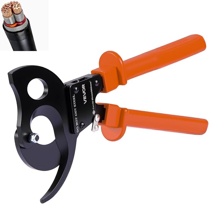 VEVOR Ratcheting Cable Cutter, Spring Steel Blades with PVC-Coated Handles, Quick-Release Button, Heavy Duty Ratchet Cable Wire Cutter for Cutting Copper & Aluminum Cables Up to 1000 MCM / 500 mm²