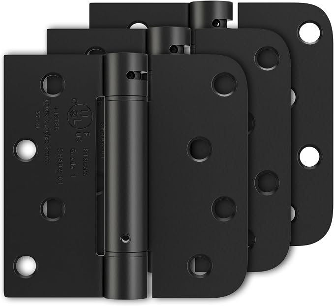 Luxbaro 3 Pack Self Closing Door Hinges 4 Inch, Matte Black Spring Loaded Hinges with Square & 5/8" Radius Corners, Adjustable Tension for Garage, Front Door, for Left and Right Hand Door, UL Listed