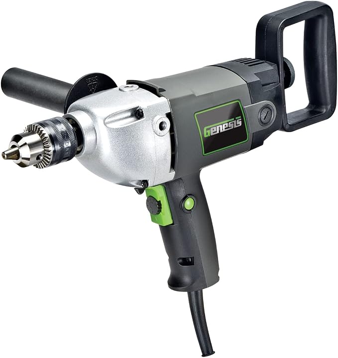 Genesis 1/2" 9.0 Amp Electric Drill Variable Speed Electric Mud Mixer Drill with Lock-On Button, Three-Position Auxiliary Handle, Two-Position Spade Handle, Chuck Key, and 2 Year Warranty GSHD1290