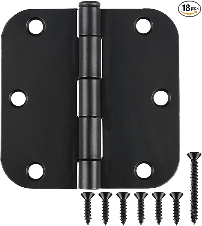 18 Pack Matte Black Door Hinges 3.5 x 3.5 Inch Interior 3 1/2 Inch Door Hinges for Doors Rounded 5/8" Radius Corners Flat Iron Hinge 3 ½"x 3 ½" Door Hardware Controls
