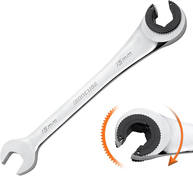 ironcube 15mm Brake Line Wrench Set: Metric Ratcheting Open-end for Nuts on Fuel, Brake or Air Conditioning Lines