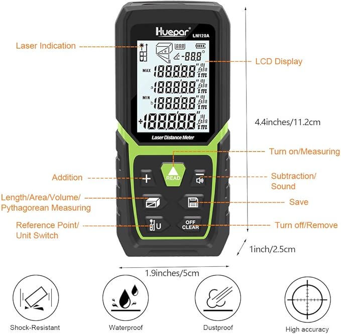 Huepar Laser Distance Meter 393Ft with Li-ion Battery & Electric Angle Sensor, Backlit LCD Laser Measure M/in/Ft with High Accuracy Multi-Measurement Modes, Pythagorean, Distance, Area&Volume