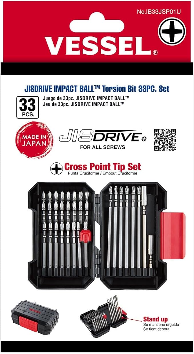 VESSEL JISDRIVE Impact Ball Torsion Bit 33PC. Set, No. IB33JSP01U Made in Japan (Cross Point Tip Set)