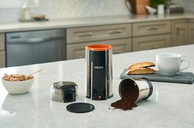KRUPS: 3oz Coffee Grinder, Ultimate Silent Vortex Plastic and Stainless Steel Grinder with Removable Bowl Mess-Free, 8 Times Quieter, 2 Speeds 240 Watts,Dry Herbs,Dishwasher Safe,12 cups ground Silver