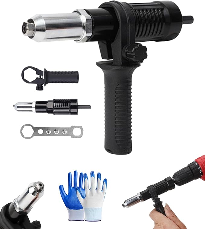 Electric Rivet Nut Drill Adapter, 2026 Professional Electric Rivet Gun Adapter Kit for Power Drill with 3/32" 1/8" 5/32" 3/16" Nosepieces, Heavy Duty Alloy Steel Riveting Tool for Automotive (Black)
