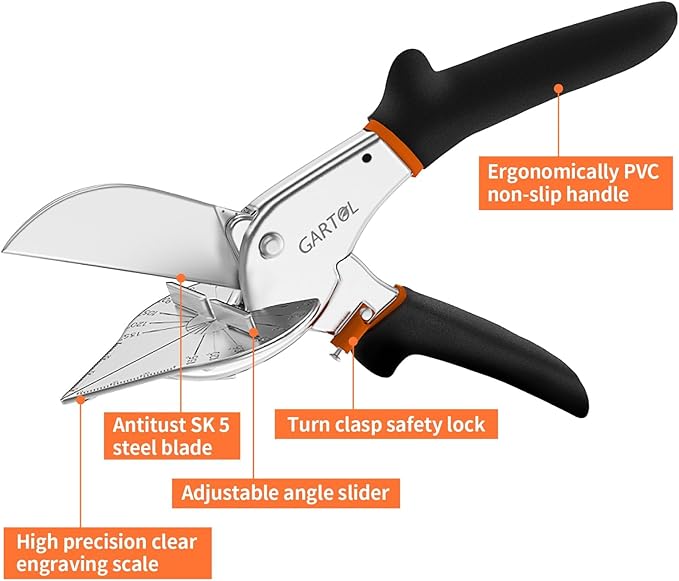 GARTOL Miter Shears, 45-135 Degree Adjustable Angle Scissors, Quarter Round Cutter Tool with Spare SK5 Blades, Trunking Shears for Cutting PVC, Trim and Softwood Moulding (Not for Hardwood)