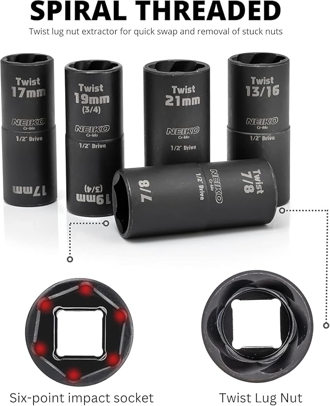NEIKO 02340A Twist Socket Set, 6 Pc Lug Nut Extractor, SAE & Metric, 1/2 Inch Dr. Impact Flip, 6 Point, CR-Mo Steel Wheel, 3" Impact Extension Bar, Black