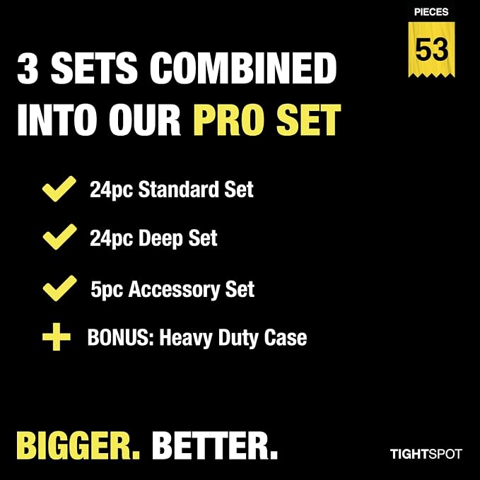 TIGHTSPOT 1/4" Drive 53pc Impact Socket PRO SET, our Most Popular Set Ever with SAE & Metric from 3/16 Inch - 9/16 Inch, 4mm-15mm, Standard/Deep Sockets, Extension Bars, Adapter & More