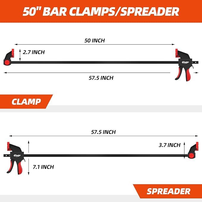 50" Bar Clamps for Woodworking 2-Piece, One-Handed Clamp/Spreader, Light-Duty Quick-Change F Clamp with 170 LBS Load Limit, Wood Clamps for Gluing, Carpentry, DIY, and Woodworking