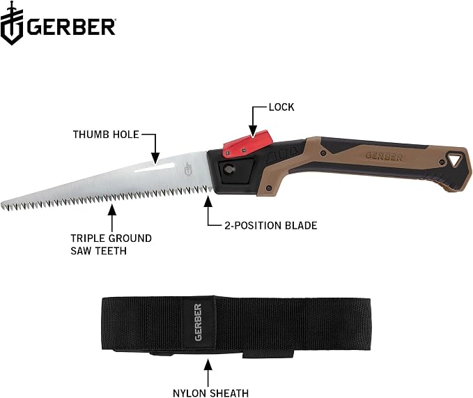 Gerber Gear Bushcraft Saw - Portable Camping Saw for Cutting Wood - Versatile Outdoor Tool w/Ergonomic Handle - 2-Position Blade - Chrome-Plated