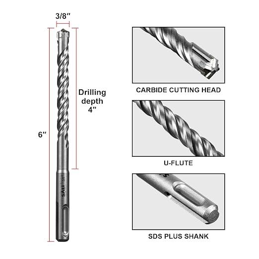 SALI 10PCS 3/8"*6" SDS Plus Rotary Hammer Drill Bit Concrete Drill Bit Kit Cross-Type Double Thread Carbide Material Suitable for Brick, Cement Walls, Stone, Hammer Drill Bits