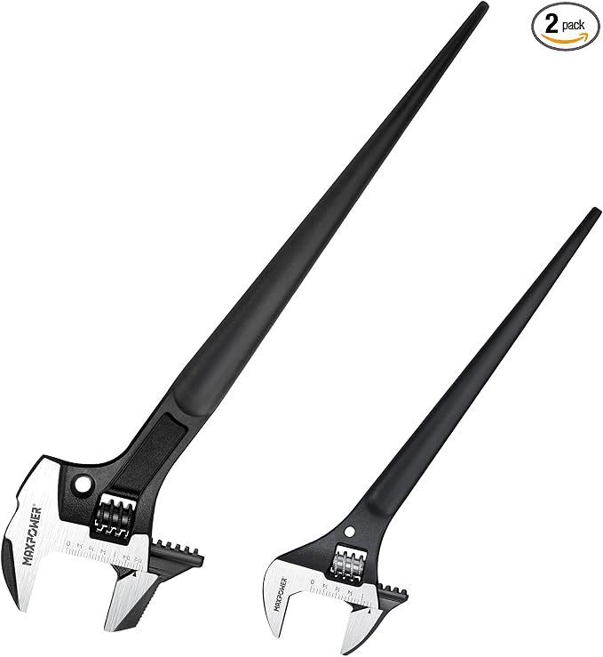 MAXPOWER 16" 4-in-1 & 10" Construction Spud Wrench Set, Tether Hole, Cr-V | 16" Multi-Purpose Design ( Striking, Gripping, Aligning & Prying ), Tether-Ready Design, Smooth Jaw Adjustment, Easy Storage