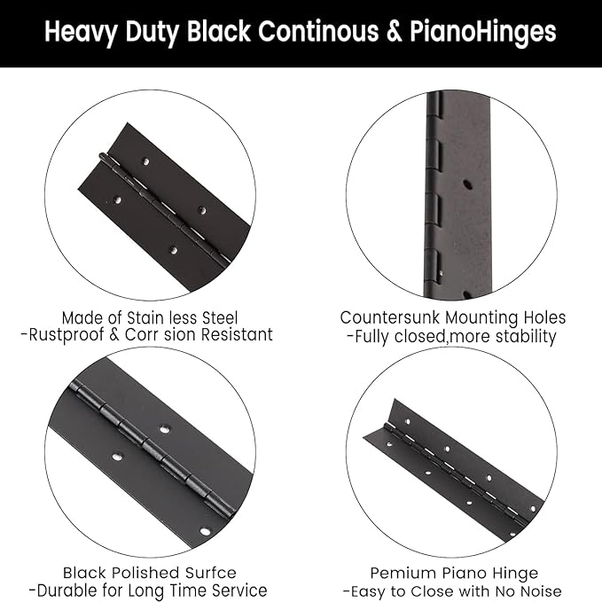 10 Inch Heavy Duty Continuous Piano Hinges, Black Stainless Steel 0.05" Thick 1.2" Open Width Folding Furniture Hinges with Screws for Cabinet Door Box DIY Projects (2 Pack)