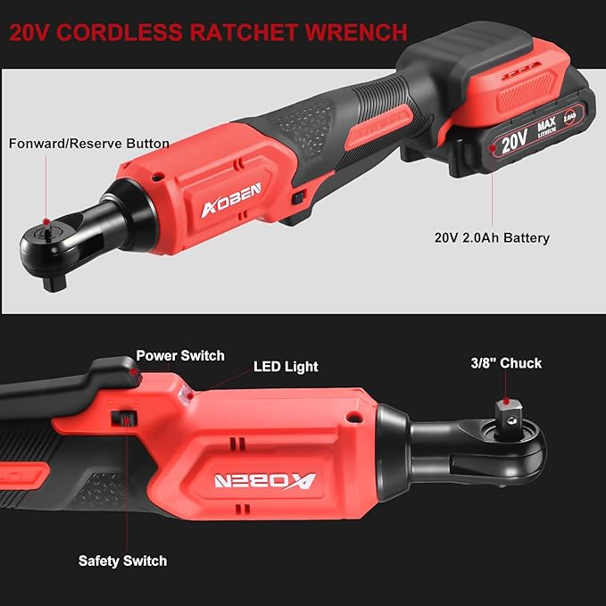 AOBEN 20V 3/8" Cordless Ratchet Wrench Kit, 60 Ft-lbs Brushless Electric Power Ratchet with Variable Speed, 2X2000mAh Lithium-Ion Battery, Charger, 8 Sockets, 1/4" Adaptors, 6" Extension Bar