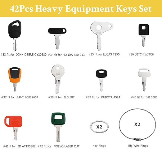 42 Heavy Equipment Keys Master Set, Construction Machine Ignition Key for Cat Caterpillar John Deere Komatsu Volvo Bobcat Kubota JCB Case Hyster Yanmar Daewoo Takeuchi Ford New Holland