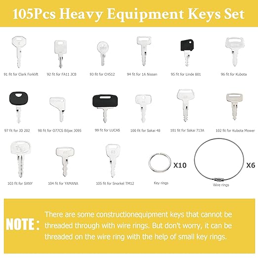 105PCS No-Duplicate Heavy Equipment Keys Master Set for Caterpillar Cat John Deere Komatsu Volvo Bobcat Kubota JCB Case Hyster Yanmar Daewoo Takeuchi Ford New Holland Construction Machine
