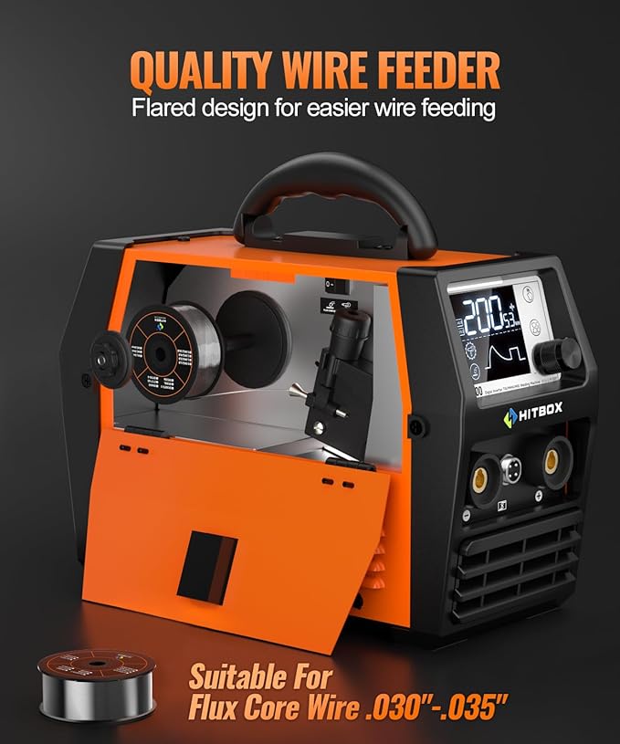 HITBOX 140A MIG Welder 110V/220V, Flux Core Welder/Stick ARC/Lift Tig/Spool Gun 4 in 1 Gasless Mig Welding Machine with LCD Display Synergy Dual Voltage IGBT Inverter Welder (HIM200)