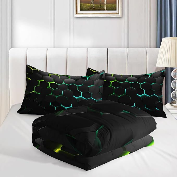 Geometric Green Black Neon Comforter Set,Light Honeycomb 3 Piece Bedding Set Twin for Teen Boys,Modern Bedding Quilt Set Geometry Decor,Microfiber Lightweight 1 Comforter 2 Pillowcases All Season