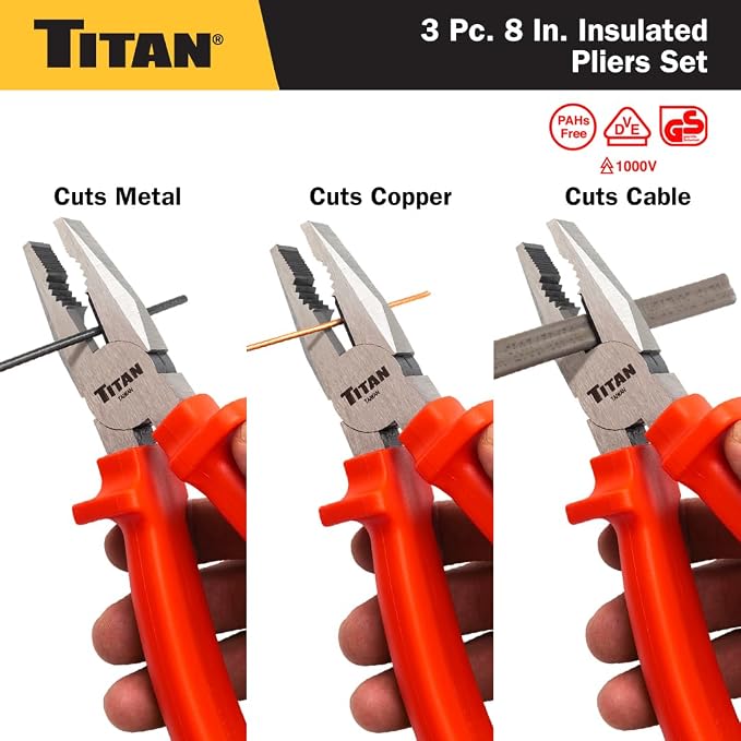 Titan 73349 3-Piece VDE Insulated Pliers Set, Includes 8-Inch Combination, Long Nose, and Diagonal Plier
