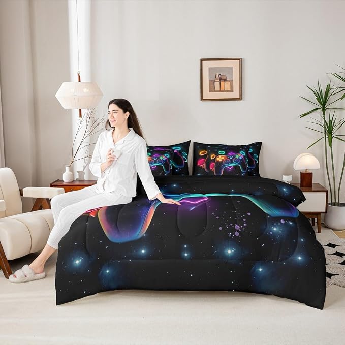 Game Consoles Gamer Bedding Set King Bed in a Bag 7 Piece Gamer Gifts,Gaming Comforter Sets for Boys Space Glow Geometric Kids Comforter Sets Boys Red Green Blue Teal,Gaming Decor for Bedroom