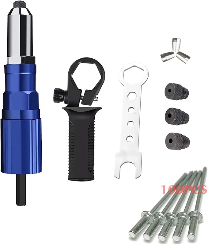 Professional Electric Rivet Gun Adapter Kit - Cordless Riveting Drill Tool with 3-Claw Head, 4 Rivet Heads, Removable Plastic Handle & 100 Blind Rivets - Easy Processing for Pop Rivets