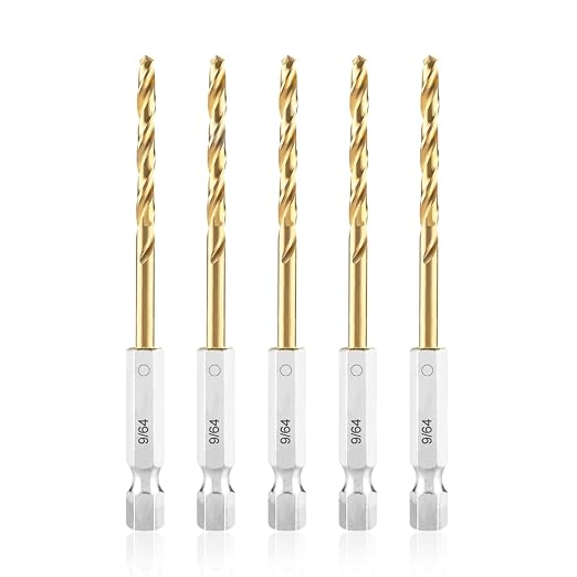 amoolo 9/64 Twist Drill Bit Set, 5Pcs Titanium HSS Hex Shank Impact Drill Bit Set for Metal, Steel, Wood, Plastic, Quick Change Design