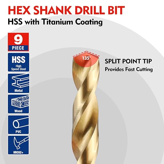 WORKPRO 9-Piece 1/4" Hex Shank Drill Bit Set, Titanium Plating HSS Drill Bits from 1/16" to 3/8" for Metal, Steel, Wood, PVC, Quick Change Design
