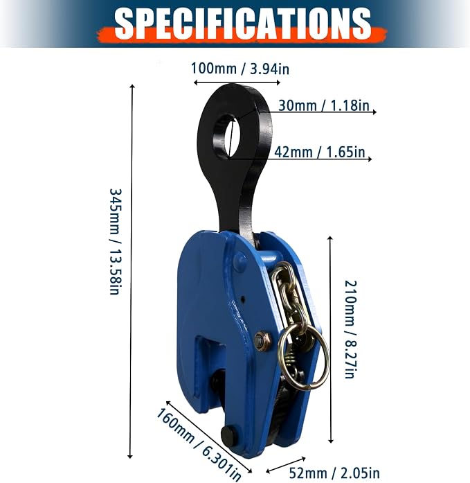 Vertical Plate Lifting Clamp,4400lbs Capacity Heavy Duty Steel Plate Clamp 2T with 0.8 Inch Jaw Opening, Industrial Lifting Clamp for Sheet Metal and Steel Plate Handling
