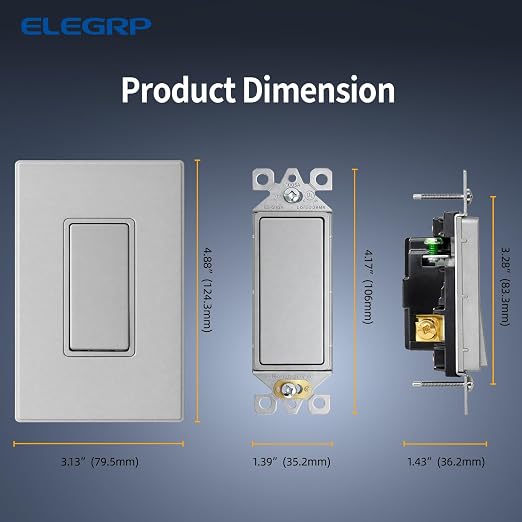 ELEGRP Matte Gray 3 Way Decorator Light Switch, 15A 120-277V, Paddle Rocker Switch Replacement, On/Off Wall Switch, Self-Grounding, Residential Grade, with Mid Wall Plate, UL/CUL, 1 Pack