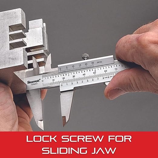 Starrett Vernier Caliper with Hardened Stainless Steel Depth Rod, Lock Screw and Sharp, Black Graduation - Metric, English, 0-6" Range, .001" Graduation - 125MEA-6/150