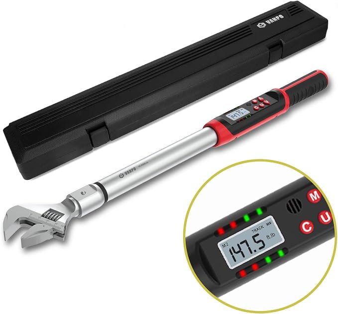 VANPO Digital HVAC Torque Wrench 7.4-147.6 ft.lb, 38mm Adjustable Jaw | 10-200 N.m, ±2% Accuracy, LED Buzzer Alert, 14x18mm Open End, Adjustable Digital Torque Wrench for Mini Split AC, Pipeline