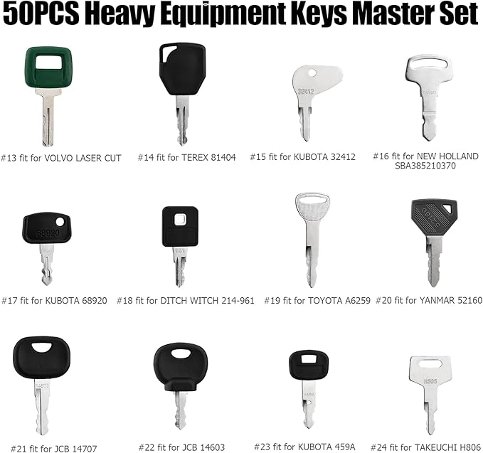 50 Heavy Equipment Keys Master Set, Construction Machinery Keys Set for Cat Catrepillar John Deere Komatsu Kubota Volvo Case JCB Hyster JLG Yanmar Takeuchi New Holland Heavy Equipment
