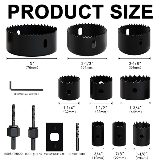 14PCS Hole Saw Kit (3/4" to 3"|19-76mm) with Mandrel & Accessories Cutter for Soft Wood, PVC Board & Home Projects