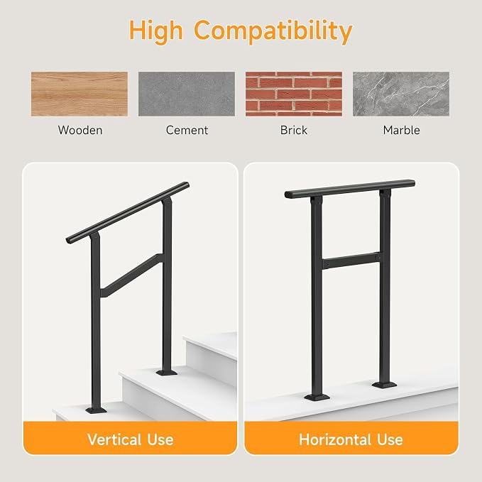 Hand Rails for Outdoor Steps 2-5 Steps Wrought Iron Handrails | Stair Railing for Porch, Home, Garden, Indoor, Staircase Handrails for Wooden, Cement, Brick, Marble (2 Steps)