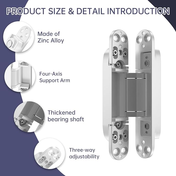 6" 2 pcs Hidden Hinges for Doors Invisible Hinges Concealed Zinc Alloy 180 Degree Swing 3 Way Adjustable Butt Silent Door Hinge 6 x 2.5 x 1 inch (White)