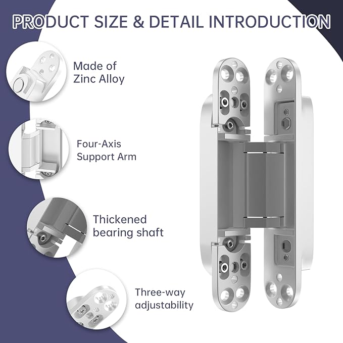 7" 2 pcs Hidden Hinges for Doors Invisible Hinges Concealed Zinc Alloy 180 Degree Swing 3 Way Adjustable Butt Silent Door Hinge 7 x 2.8 x 1 inch (White)