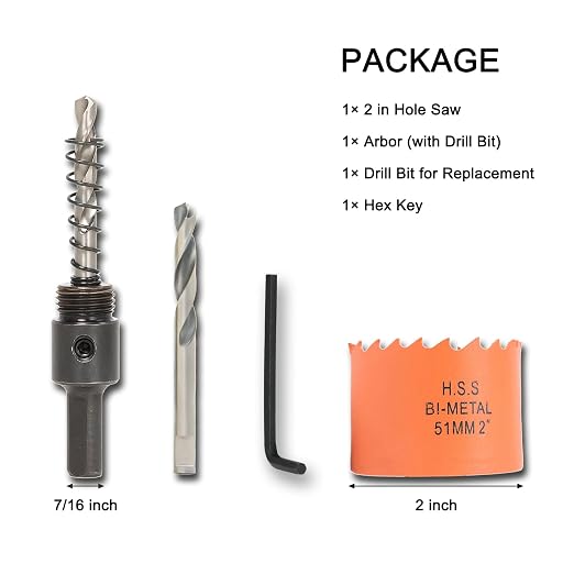 2 inch Hole Saw with Arbor for Cutting Metal Wood and Plastic, 51mm Bi-Metal Hole Cutter for Different Project with Smooth and Flat Drilling Edge, Fast Chip Removal