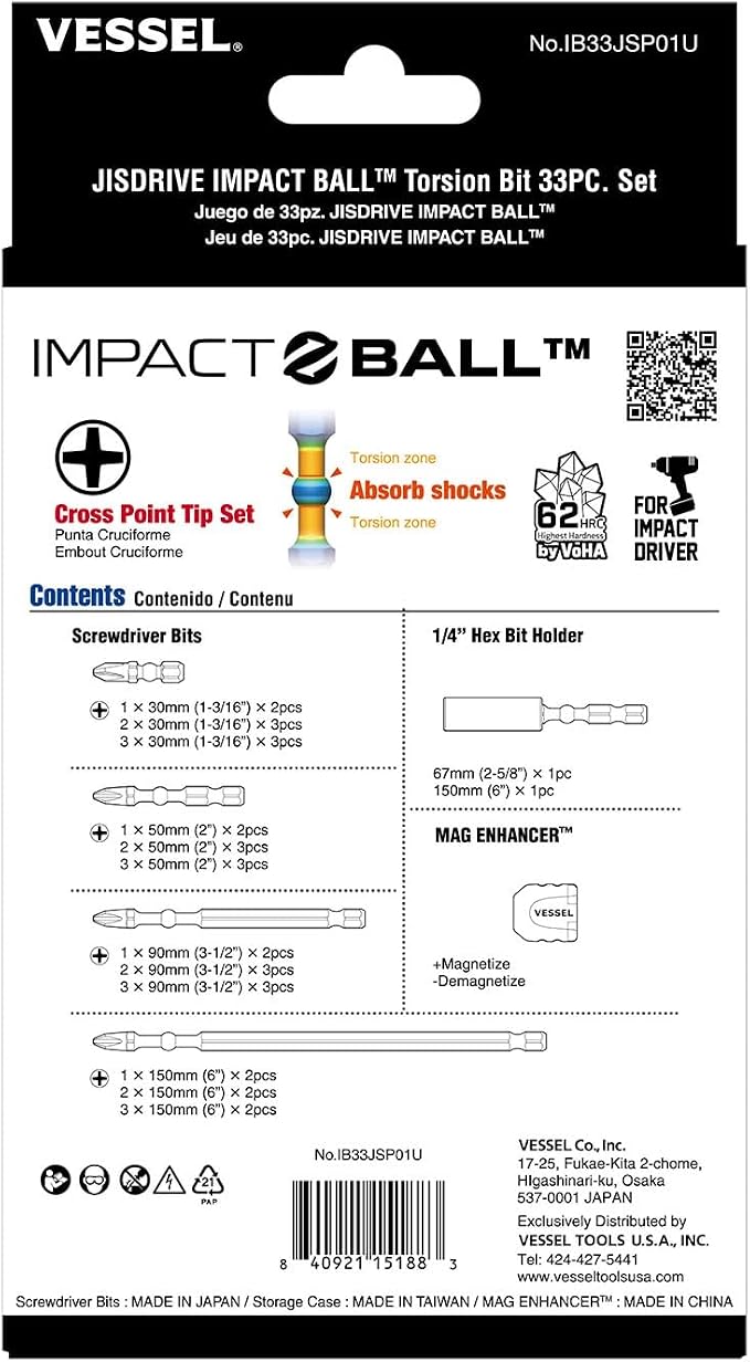VESSEL JISDRIVE Impact Ball Torsion Bit 33PC. Set, No. IB33JSP01U Made in Japan (Cross Point Tip Set)