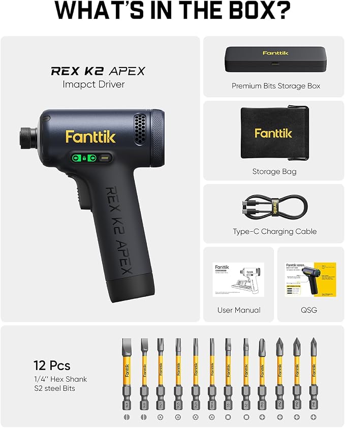 Fanttik REX K2 APEX Impact Driver, Brushless Impact Driver, 1/4'' Hex, Max. 100 N·m Torque, Max. 3000 RPM, 3000mAh Rechargeable Battery, Tool Kit for Cabinet Assembly, Woodworking DIY Projects