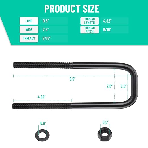 Square Bend U-Bolts, 9.5" Long x 2.5" Wide x 9/16" Thread