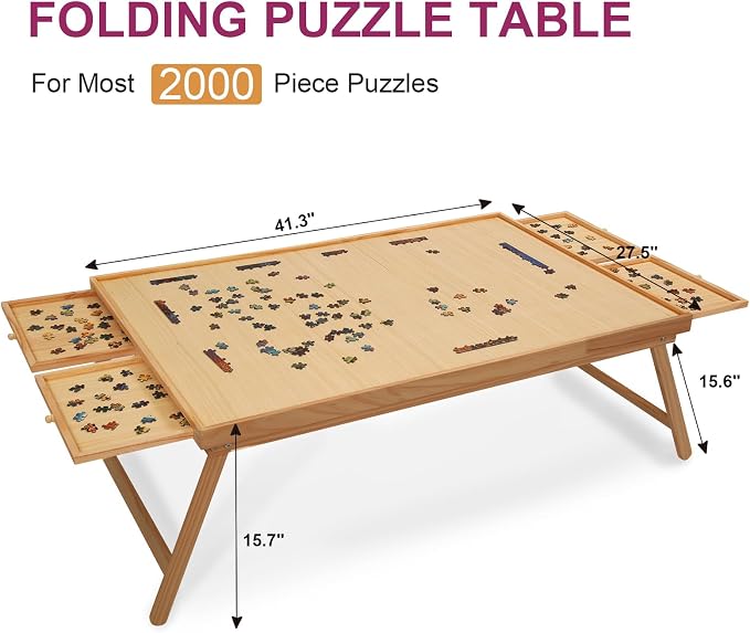 TEAKMAMA 2000Pcs Jigsaw Puzzle Table with 4 Drawers for Adults,Natural | Wooden Jigsaw Foldable Puzzle Board with legs,with Protective Cover,Multifunctional Game Table,41.3W x 27.5D