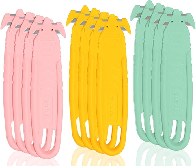 T TOVIA Package Opener of Recessed Concealed Stainless Steel Blade, Safety Box Cutter Knife Plastic Cutter for Box, Carton, Shrink Wrap, Plastic Straps, 12pcs 3 colors