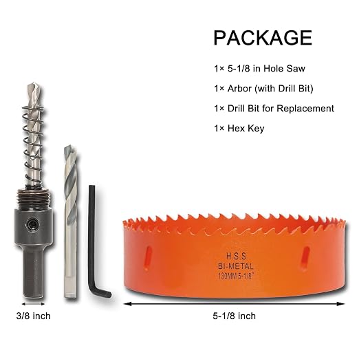 5-1/8 Inch Hole Saw with Arbor for Wood Metal Plastic, 5.125 in Bimetal Hole Cutter, Fast Chip Removal, Smooth Flat Drilling Edge