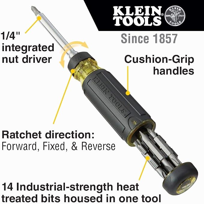 Klein Tools 32305 Multi-bit Ratcheting Screwdriver, 15-in-1 Tool & Klein Tools 32614 Multi-bit Precision Screwdriver Set, 4-in-1 Electronics Pocket Screwdriver, Professional Phillips and Slotted Bits