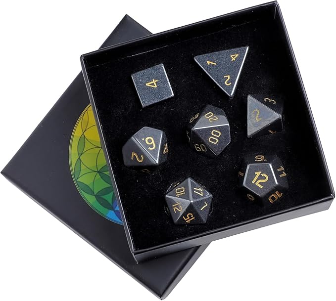mookaitedecor 7 PCS Hematite Crystal Polyhedral DND Dice Set, Polished Tumbled Stones Dices for RPG MTG Table Games Home Decoration