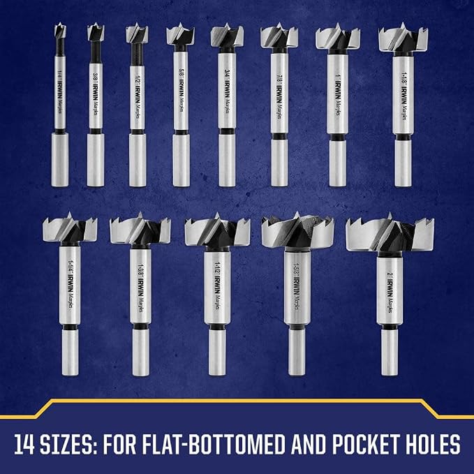 IRWIN Marples Forstner Bit Set, Wood Drill Bits, Made of Carbon Steel, Ideal for Fine Woodworking, Cabinet-Making and More, 14 Pieces (1966893)