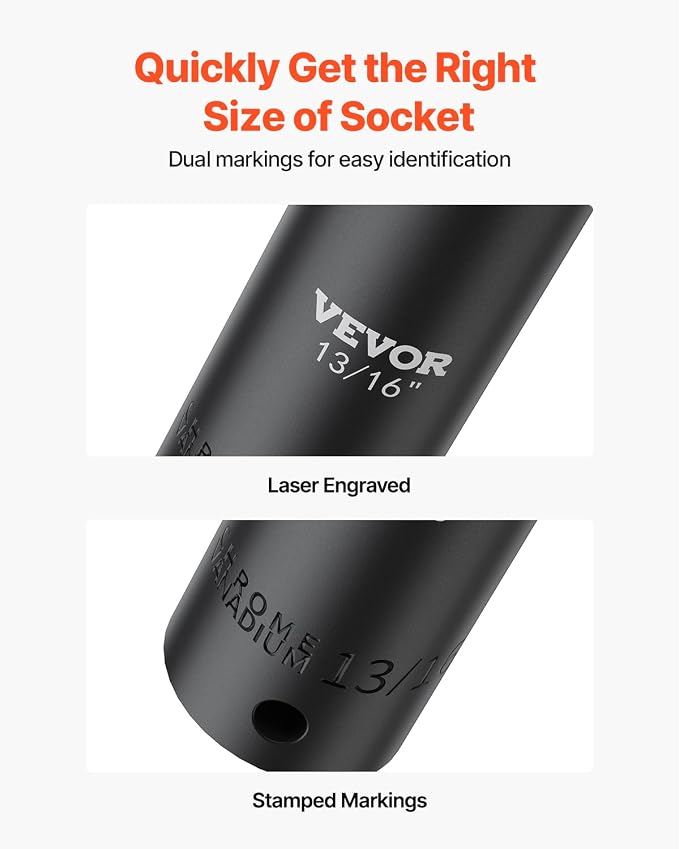 VEVOR Impact Socket Set 1/2 Inches 19 Piece, Deep Socket, 6-Point Sockets, Rugged Construction, Cr-V, 1/2 Inches Drive Socket Set Impact 3/8 inch - 1-1/2 inch, with a Storage Cage