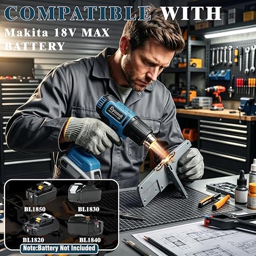 Cordless Heat Gun for Makita 18V Battery, 350W Fast Heating Hot Air Gun, LCD Display 2 Temp 120℉-1110℉, 3 Nozzles Portable Gun for Shrink Tubing, Paint Removal, Soldering DIY, Tool Only