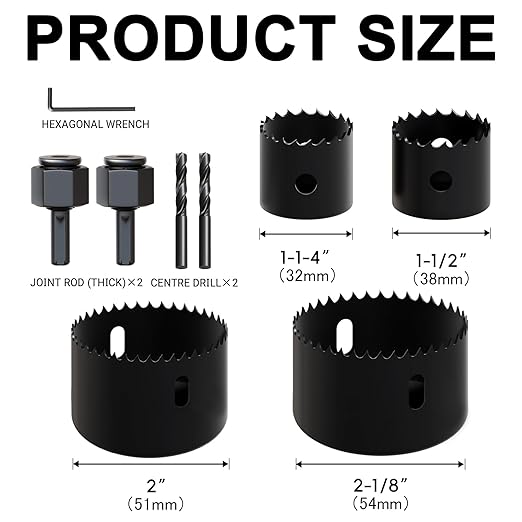 9PCS Hole Saw Kit (1-1/4" to 2-1/8"|32-54mm) with Mandrel & Accessories Cutter for Soft Wood, PVC Board & Home Projects